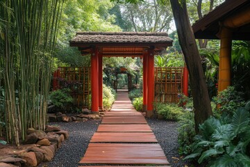 Red torii gate leading to wooden path in lush japanese garden