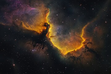 Obraz premium A vibrant nebula filled with cosmic gas and dust glows in brilliant shades of orange and yellow. Stars twinkle within the vast expanse of space, creating a mesmerizing celestial display.