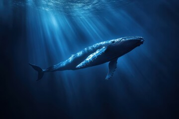 Fototapeta premium A humpback whale glides effortlessly through clear, deep blue ocean waters, with beams of sunlight filtering down, illuminating its majestic form and creating a serene atmosphere.