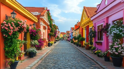 Obraz premium Colorful houses line a cobblestone street, adorned with vibrant flowers.
