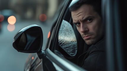 Car with cracked side mirror parked on a busy street. Featuring a worried driver
