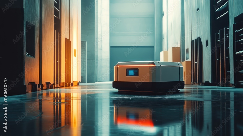 Poster Modern automated robot moving packages in an industrial storage warehouse, showcasing streamlined logistics and robotics.