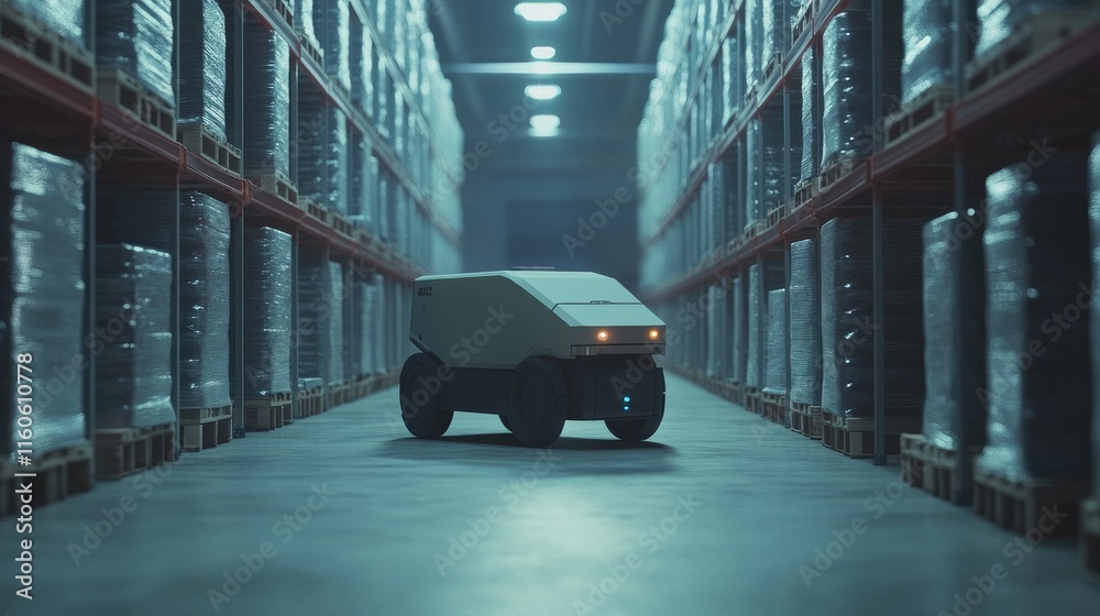 Poster modern automated robot moving packages in an industrial storage warehouse, showcasing streamlined lo