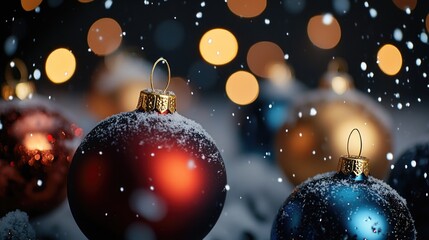 A close-up view of a bunch of ornaments in the snow, suitable for winter-themed projects