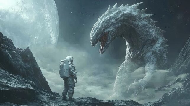 Fantasy astronaut encountering an alien creature on a distant moon