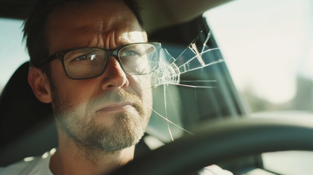Car with cracked windshield while driving. Featuring a distracted driver