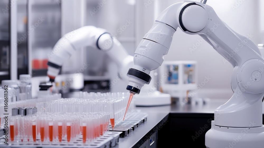 Aufkleber Modern laboratory with automated systems and robotic arms handling test tubes and equipment for research efficiency.