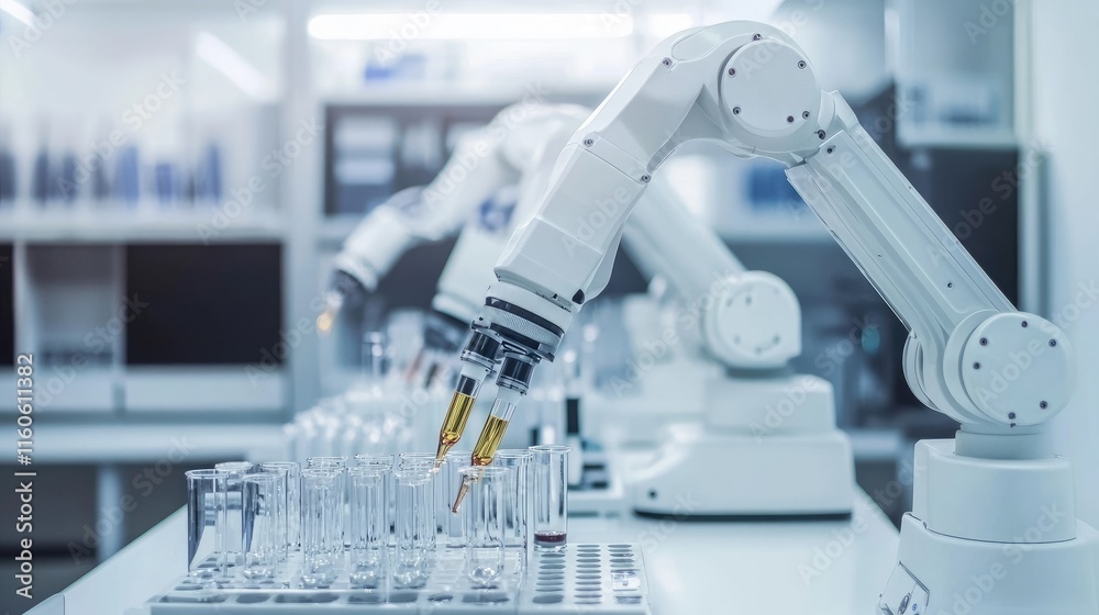 Poster Modern laboratory with automated systems and robotic arms handling test tubes and equipment for research efficiency.