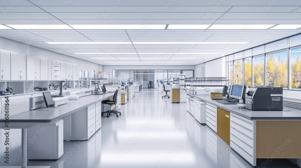 Poster modern laboratory workplace interior with a focus on equipment, with a blurred background adding emp