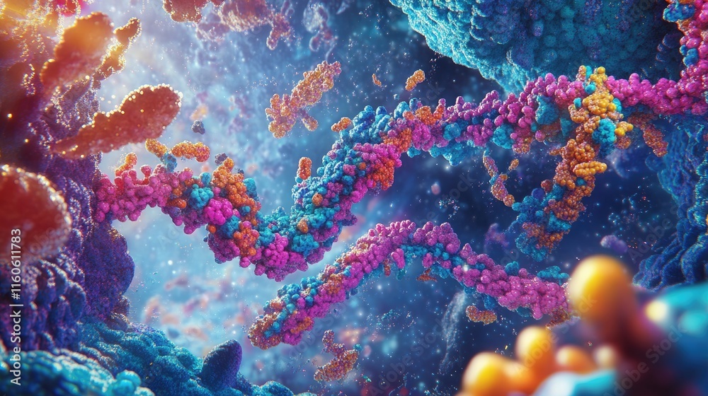 Poster Molecular interaction between nucleotides and proteins in DNA replication and transcription, illustrating the complex biological processes of genetic coding.