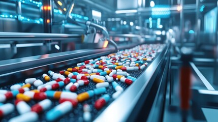 Obraz premium Modern pharmaceutical production line with pills on a conveyor, demonstrating advanced manufacturing technology in a high-tech facility.