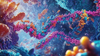 Fototapeta premium Molecular interaction between nucleotides and proteins in DNA replication and transcription, illustrating the complex biological processes of genetic coding.