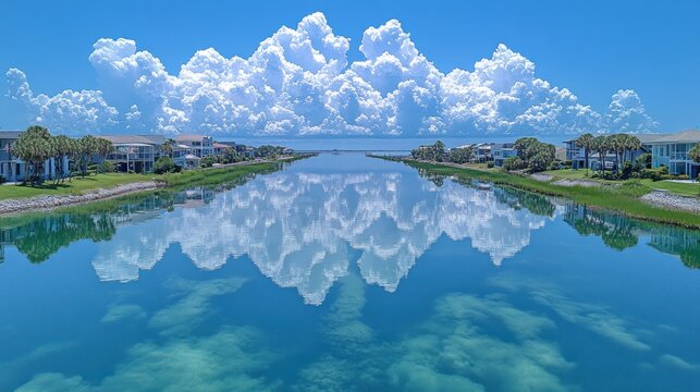 Serene waterway reflecting fluffy clouds under a bright blue sky. - Powered by Adobe