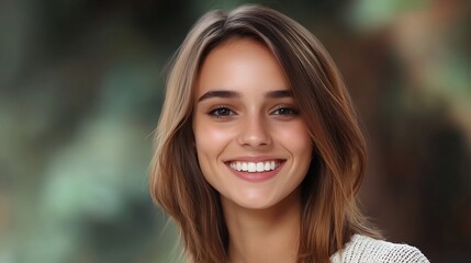 Close-up Photo: Radiant Woman Smiling Joyfully Outdoors. AI Generated