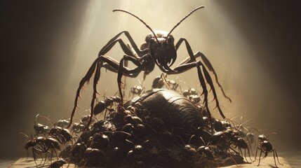 Monumental Statue of Labour, symbolizing ants' enduring civilization over millions of years, with dramatic lighting highlighting its details.