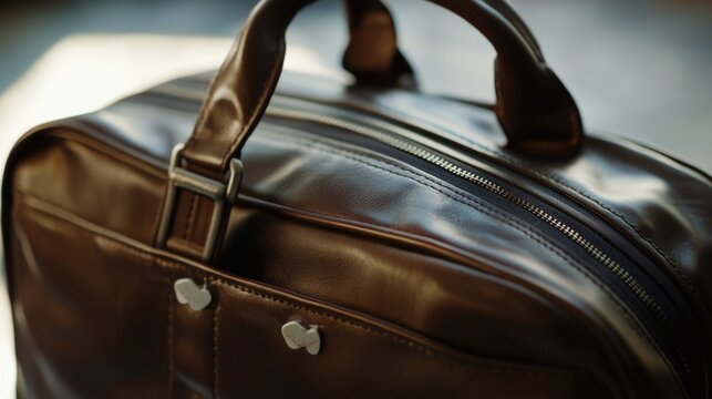 A close-up shot of a brown leather bag, suitable for use in travel or lifestyle imagery