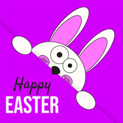 Trippy weird happy Easter Bunny. Happy Easter greeting postcard  cover template with crazy Bunny. Easter Bunny in cut out paper envelope. Typography overlay vector illustration  EPS  10