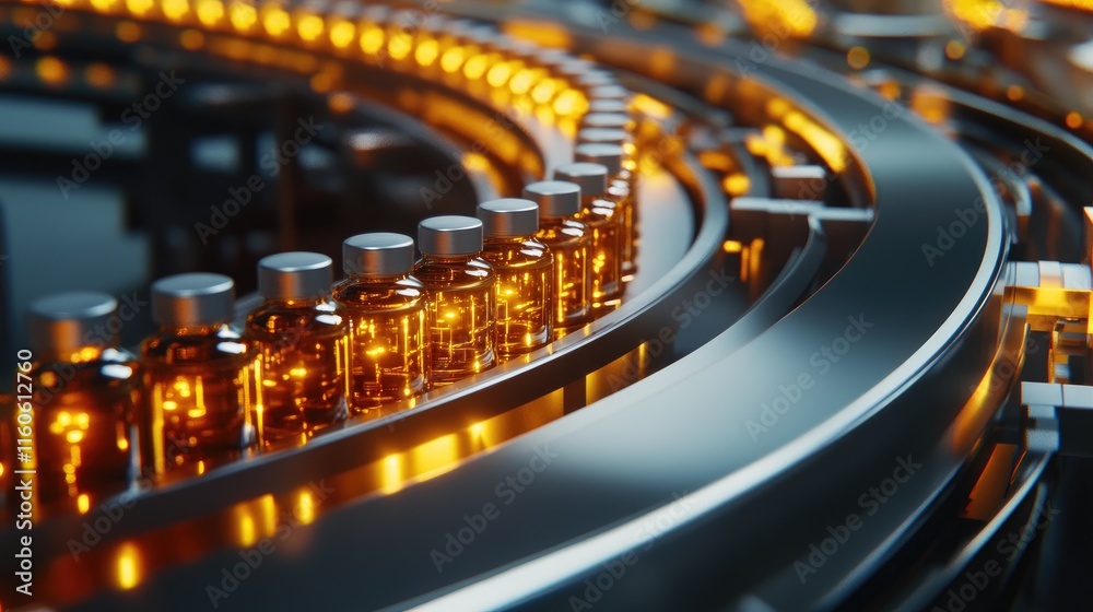Poster pharmaceutical conveyor belt in a factory with automated processes for mass production of prescripti