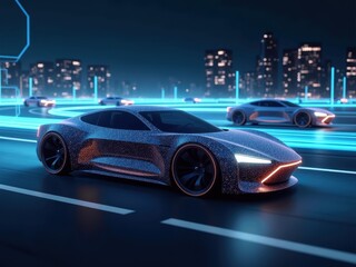 Abstract visualization of graphene battery technology powering futuristic electric vehicles in a vibrant city environment at night