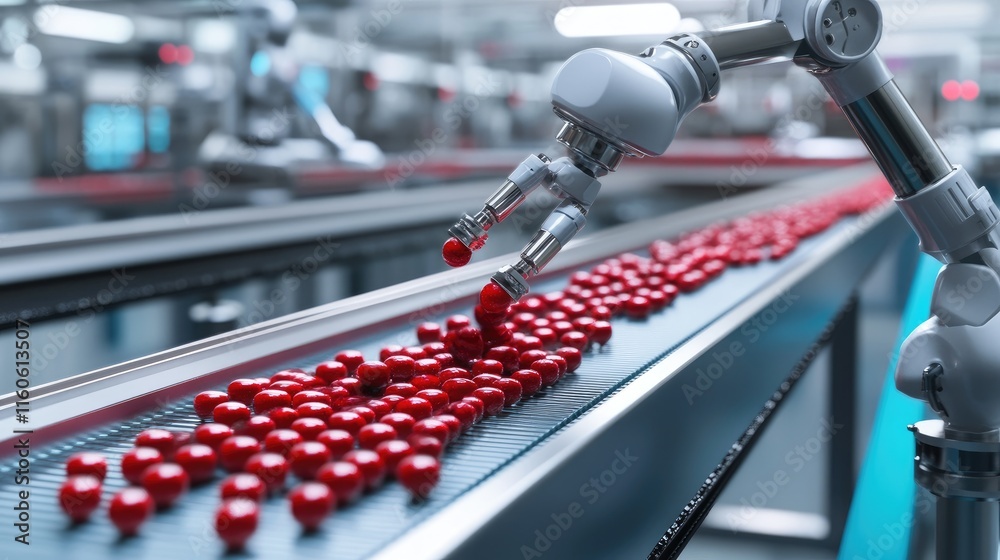 Aufkleber pharmaceutical robot working with red pills on a conveyor belt, illustrating the precision and effic