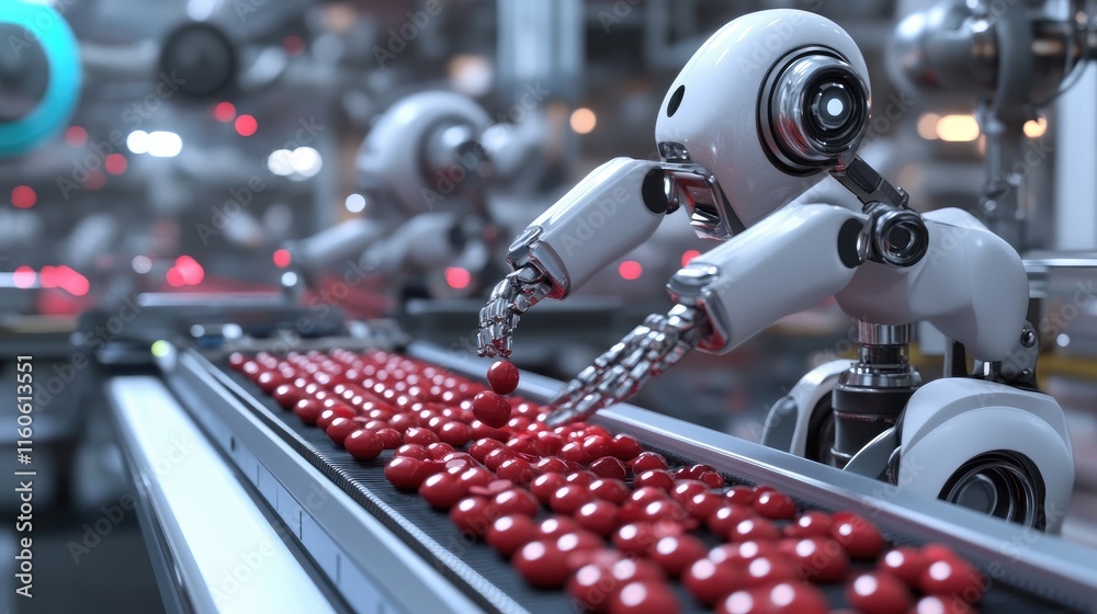 Poster pharmaceutical robot working with red pills on a conveyor belt, illustrating the precision and effic