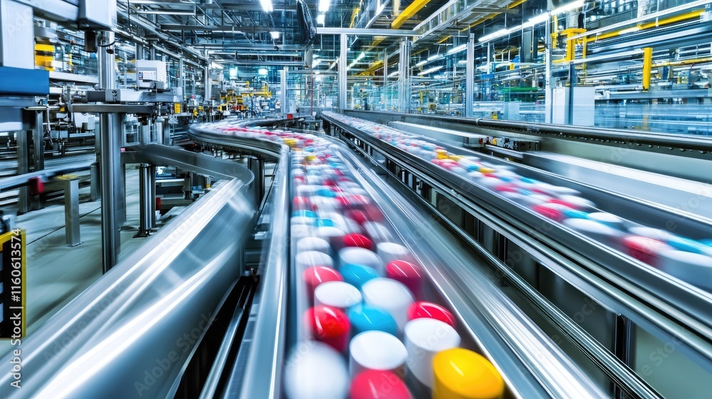 Poster pills moving along an automated conveyor in a pharmaceutical factory, highlighting the speed and pre