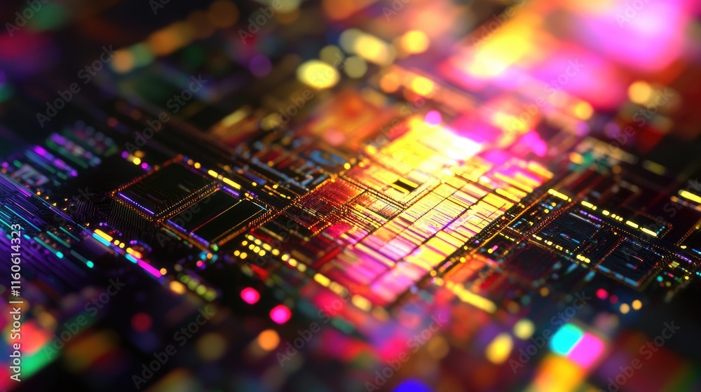 Fototapete Process of examining a microchip transistor under a microscope in a laboratory, part of PCB production and microchip testing for automation.