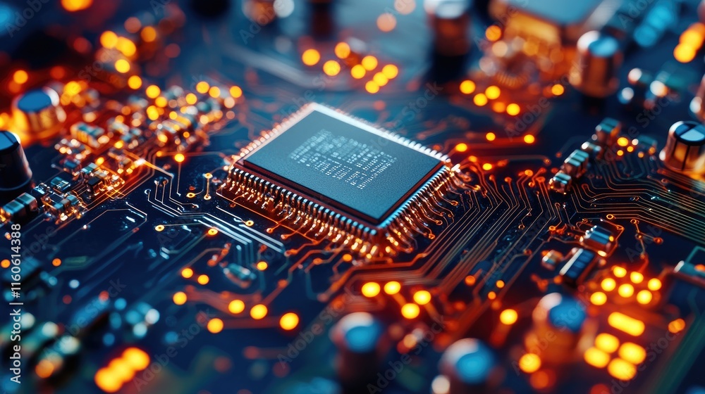 Poster Process of examining a microchip transistor under a microscope in a laboratory, part of PCB production and microchip testing for automation.