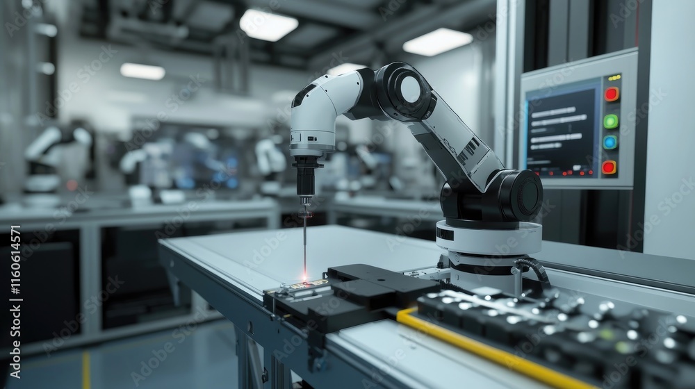Poster real-time management of robotic arms in a factory, with engineer overseeing digital manufacturing an