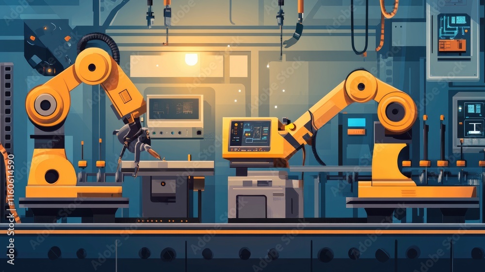 Poster real-time management of robotic arms in a factory, with engineer overseeing digital manufacturing an