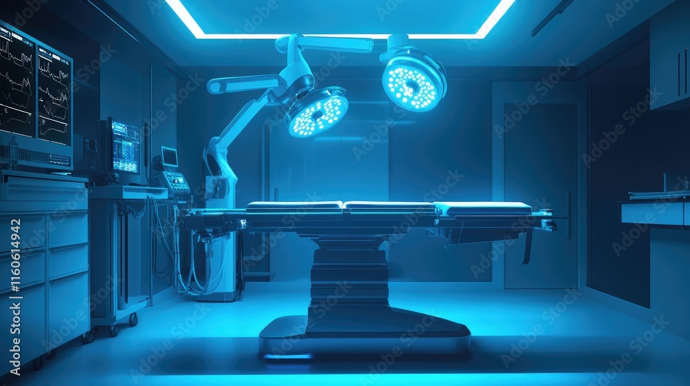 Aufkleber robot-controlled surgical table with bright blue lighting, symbolizing innovation and precision in r