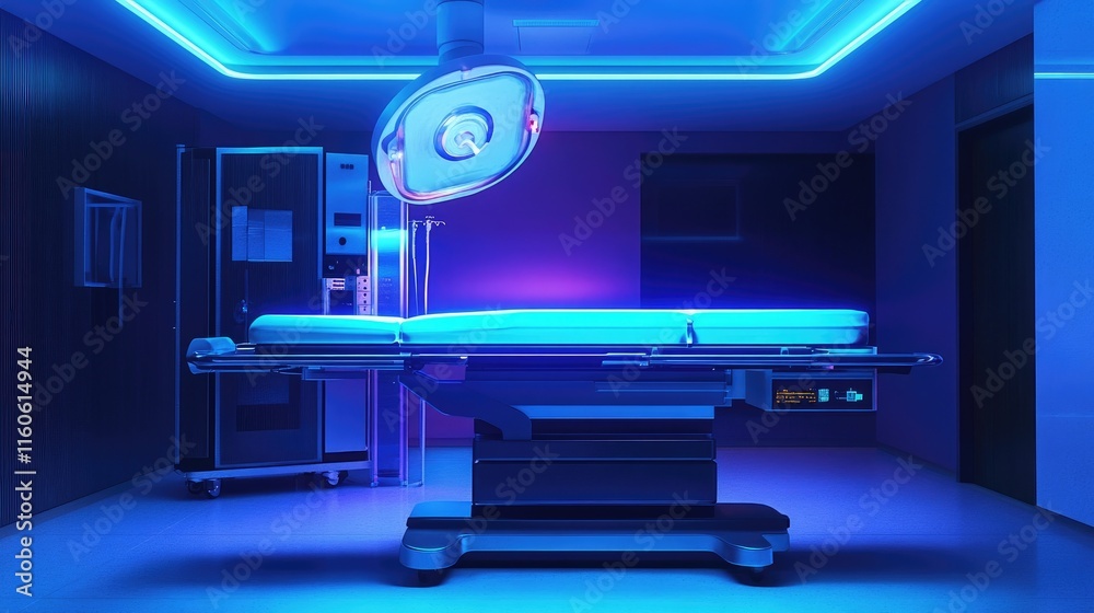 Poster robot-controlled surgical table with bright blue lighting, symbolizing innovation and precision in r