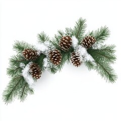 Christmas Pine Garland with Frosted Green Branches, Snow-Covered Pine Cones, and Detailed Leaves. Isolated on a Pure White Background, High-Resolution Clip Art Style for Commercial Use.