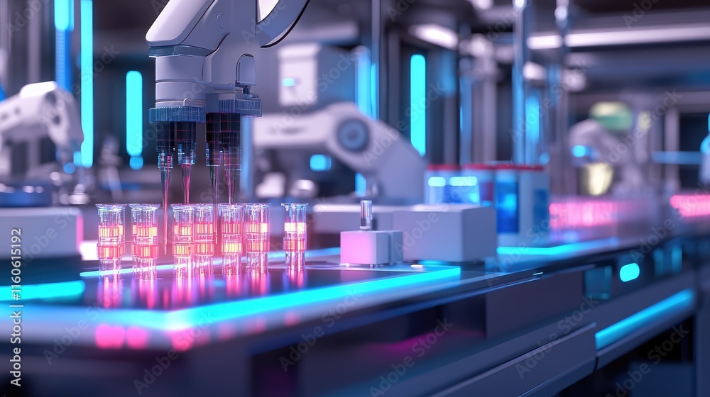 Aufkleber Robotic automation in a laboratory, with machines running tests, managing samples, and streamlining workflows for accuracy.