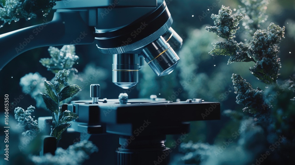 Poster Scientific 3D rendering of a human cell or stem cell under a microscope, emphasizing research and innovation in the field of biotechnology.