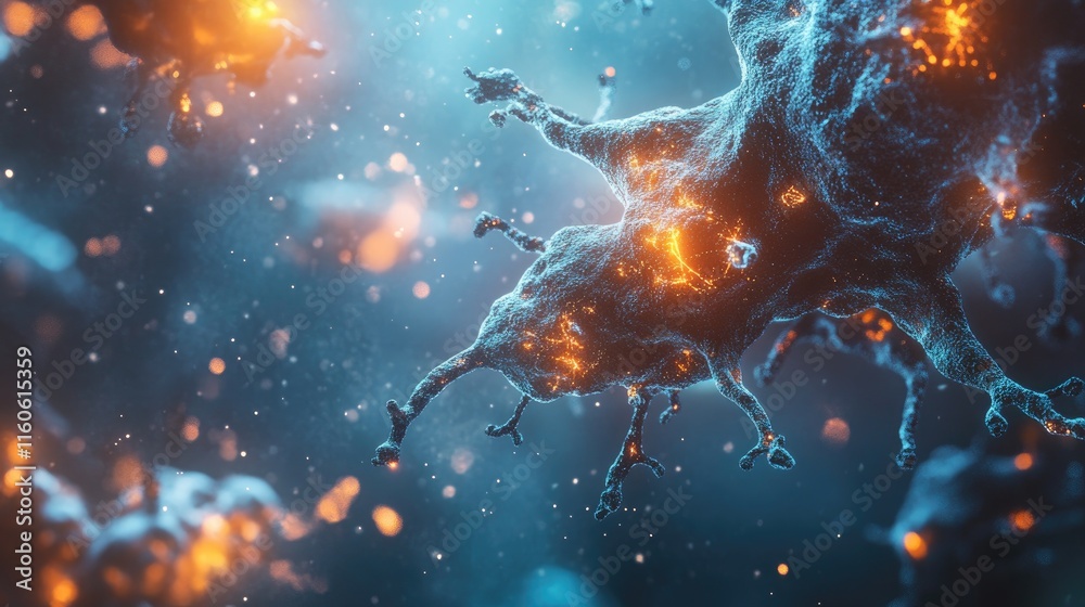 Poster scientific 3d rendering of a human cell or stem cell under a microscope, emphasizing research and in