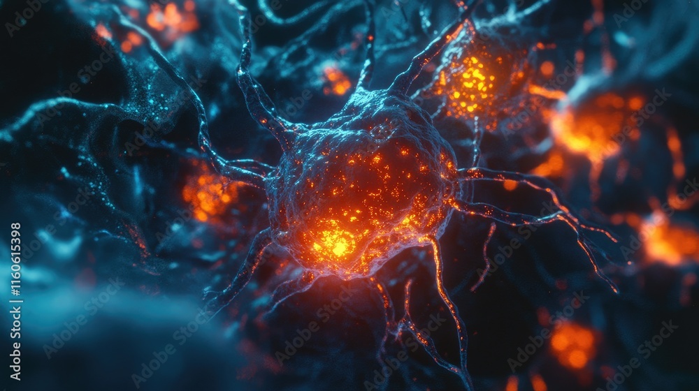 Poster Scientific 3D rendering of a human cell or stem cell under a microscope, emphasizing research and innovation in the field of biotechnology.