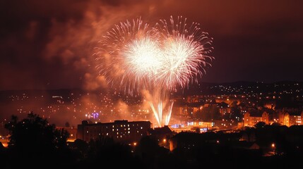 Fireworks lighting up the sky over a cityscape on New Year's Eve