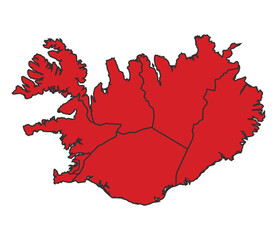 Iceland Red map with border of regions outline vector