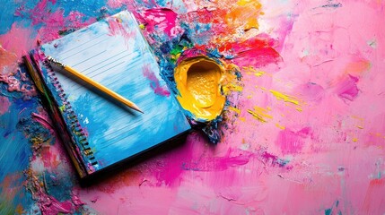 Creative Palette with Blank Notebook and Pencil on Colorful Canvas