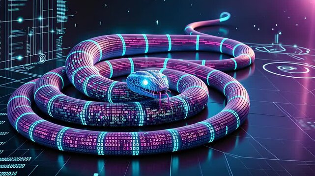 Futuristic Neon Snake with Digital Patterns on a High-Tech Background Highlighting Cybernetic Design

