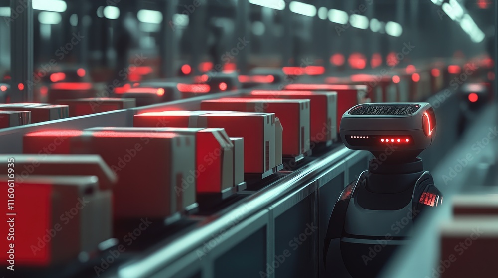Poster Smart robots sorting and organizing packages in an automated warehouse, demonstrating efficient logistics technology.