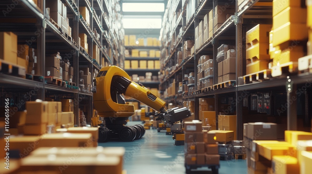 Aufkleber Smart robots sorting and organizing packages in an automated warehouse, demonstrating efficient logistics technology.