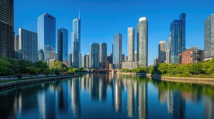 Stunning urban scene with shiny reflective skyscrapers and modern business office buildings under a cloudless sky.