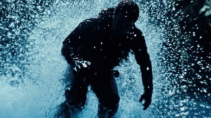 A lone figure, shrouded in darkness, battles the relentless surge of icy water.  His silhouette, stark against the spray, speaks of resilience and an unknown struggle.