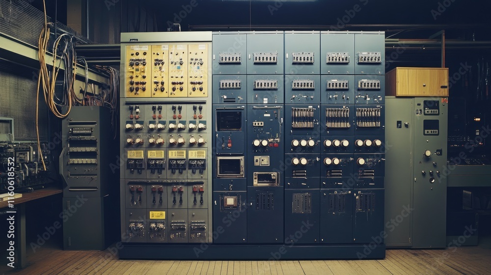Aufkleber Switchboard equipment with control panels, wires, and switches for enterprise-level automation, ensuring efficient production systems.