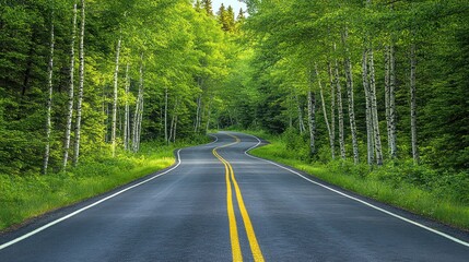 Obraz premium Winding road through lush green forest.