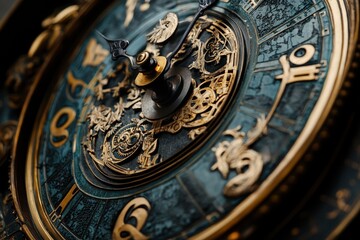 Obraz premium Close view of a vintage clock showcasing its elaborate design features. The clock face displays intricate engravings and an artistic blend of blue and gold colors that enhance its beauty.