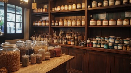 Naklejka premium Traditional Chinese herbal medicine shop, featuring a variety of herbs, seeds, and materials on an antique wooden table for healing practices.