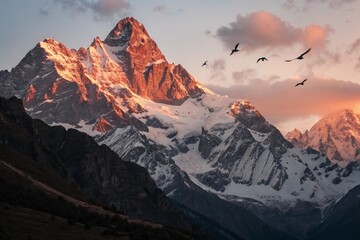 Majestic Alpenglow: Sunrise Over Snow-Capped Peaks with Reddish-Gold Light and Flying Birds, an Epic Hyperrealistic 8K Landscape Trending on ArtStation.